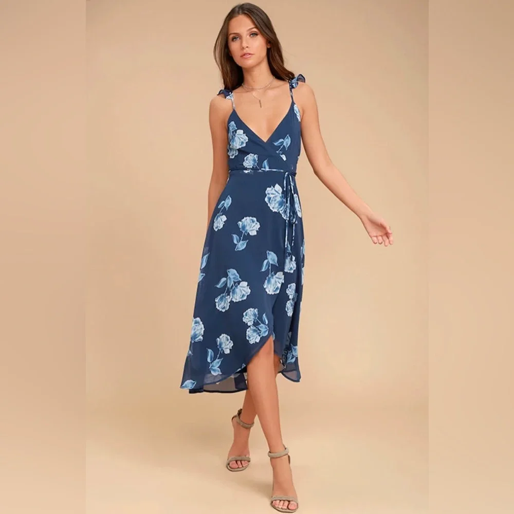 Lulus One Desire Navy Blue Floral Print Wrap Tank Maxi Dress - Picture 1 of 10
